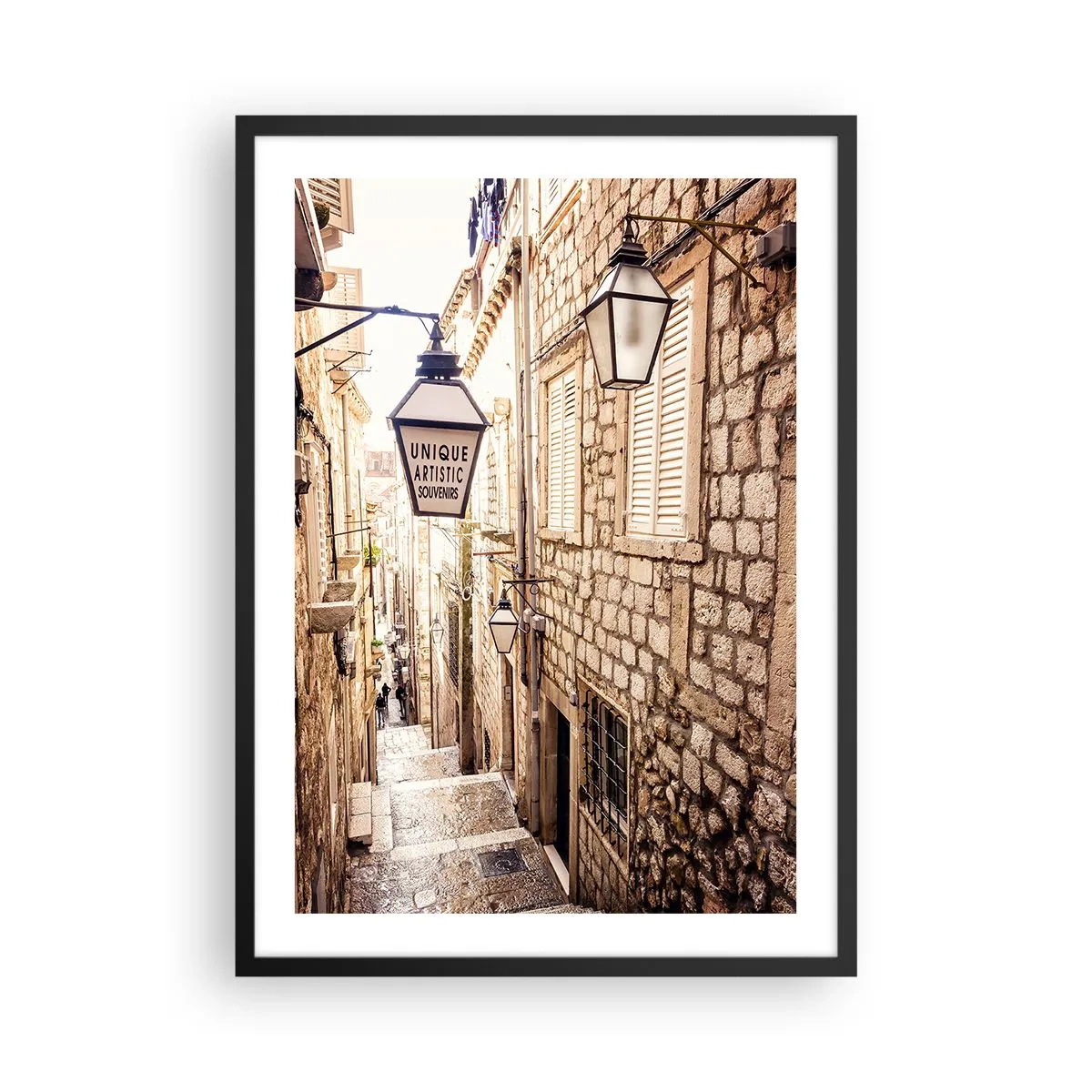 Poster in black frame - A charming stone street with lanterns and stairs - 50x70cm - Charming Alley - Modern wall decoration for the living room and bedroom ARTTOR