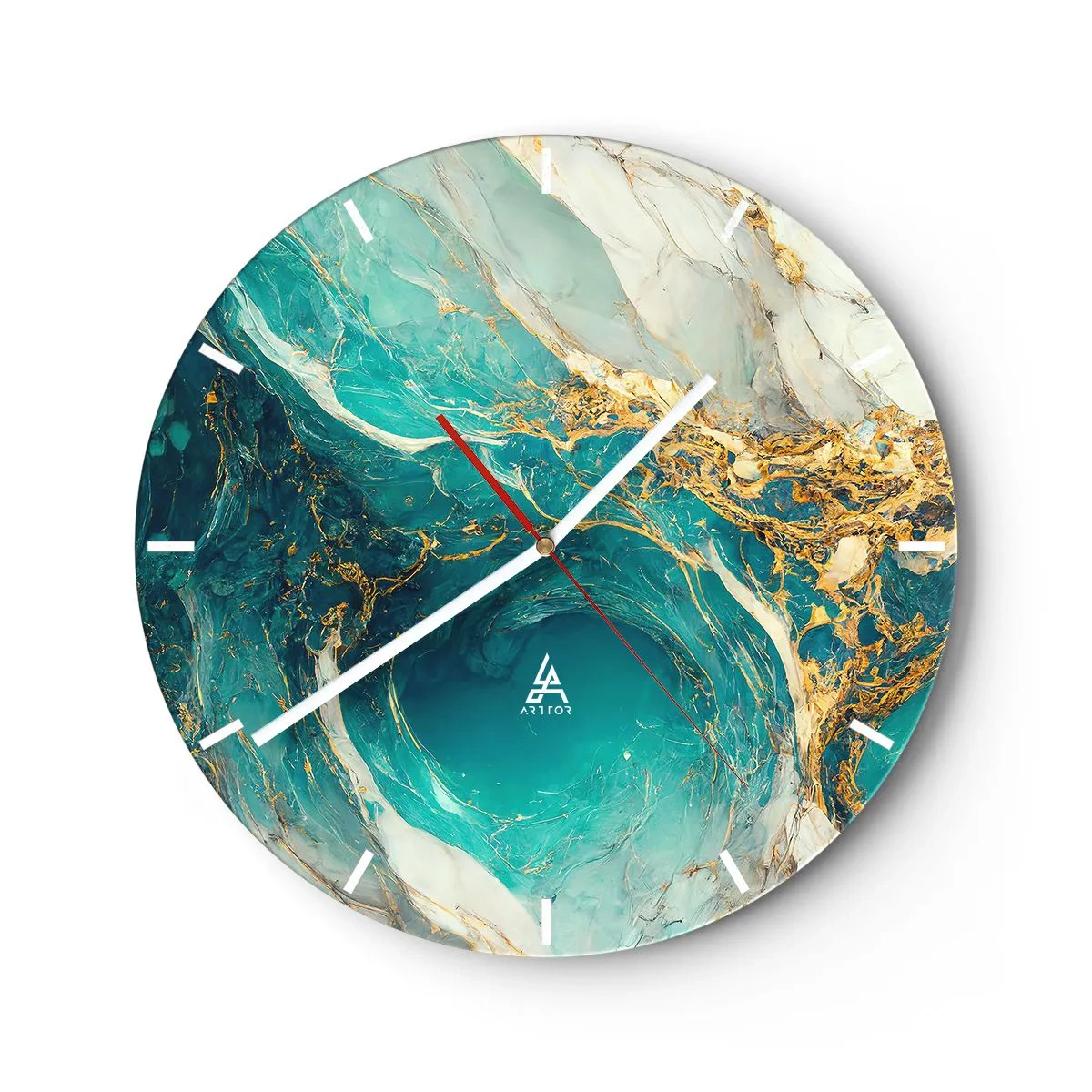 Wall clock - Clock on glass - Turquoise abstract with swirling gold pattern - 30x30cm - Composition with Veins of Gold - Modern wall decoration for the living room, kitchen, and bedroom ARTTOR