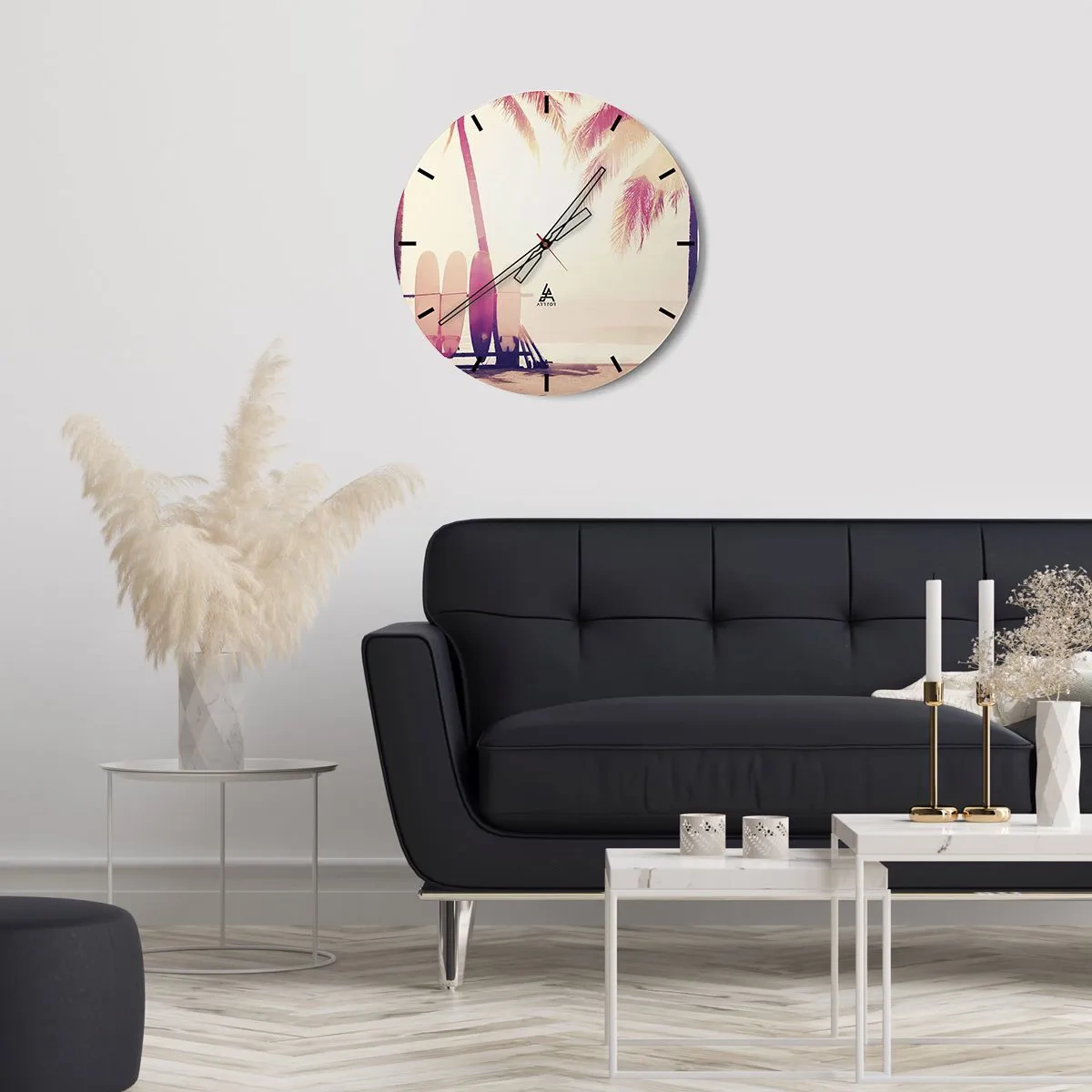 Wall clock - Clock on glass - Surfboards and palm trees on the beach at dawn - 30x30cm - It Will Be a Wonderful Day - Modern wall decoration for the living room, kitchen, and bedroom ARTTOR