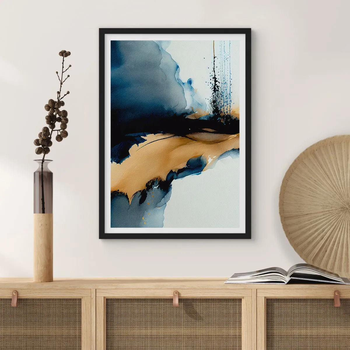 Poster in black frame - An abstract composition in shades of navy blue and gold - 50x70cm - Behind the Curtain - Modern wall decoration for the living room and bedroom ARTTOR