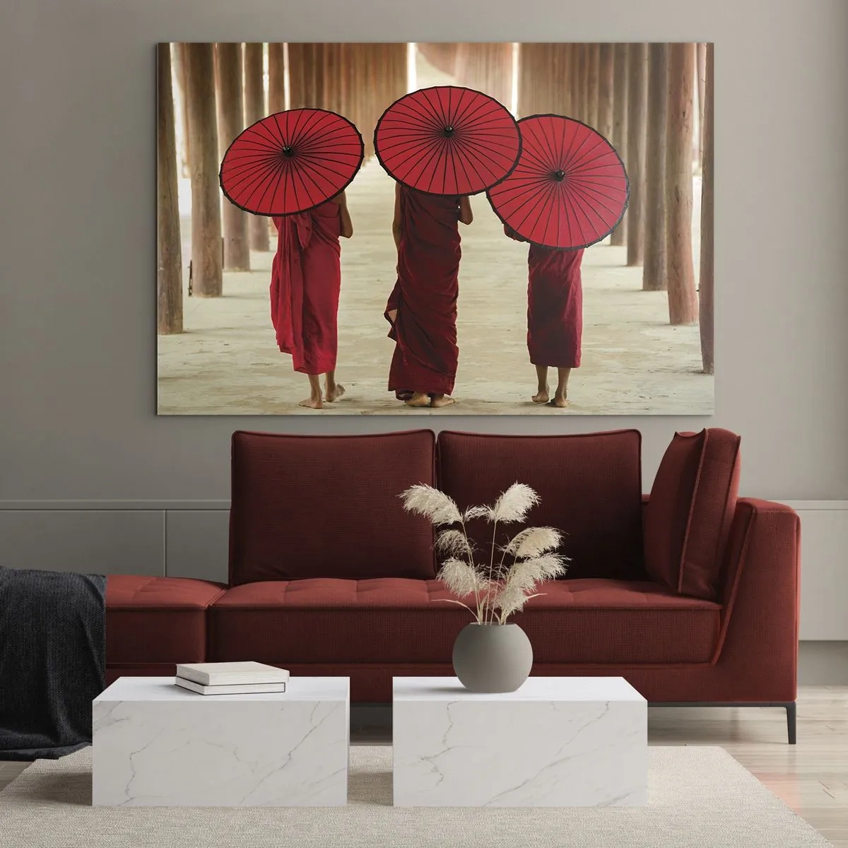 Glass picture - Monks with red umbrellas walking along a wooden corridor - 70x50cm - On the Way to Pure Country - Modern wall decoration for the living room and bedroom ARTTOR