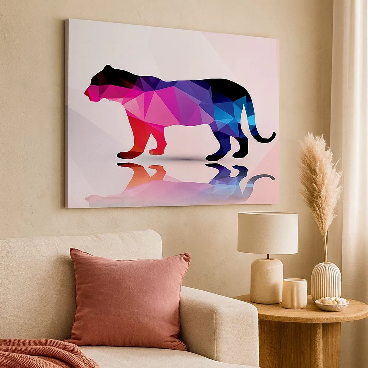 Canvas picture - Geometric panther silhouette in shades of pink and blue - 70x50cm - Diamond Panther - Modern wall decoration for the living room and bedroom ARTTOR