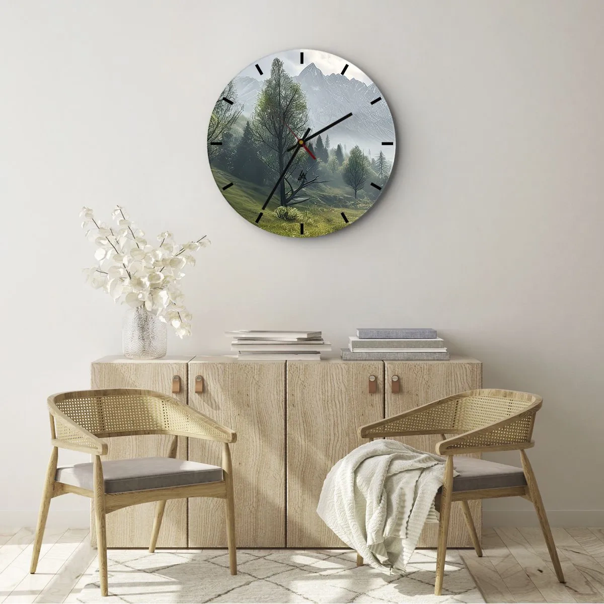 Wall clock - Clock on glass - Mountain landscape with a river and trees in the morning - 30x30cm - There And Back - Modern wall decoration for the living room, kitchen, and bedroom ARTTOR