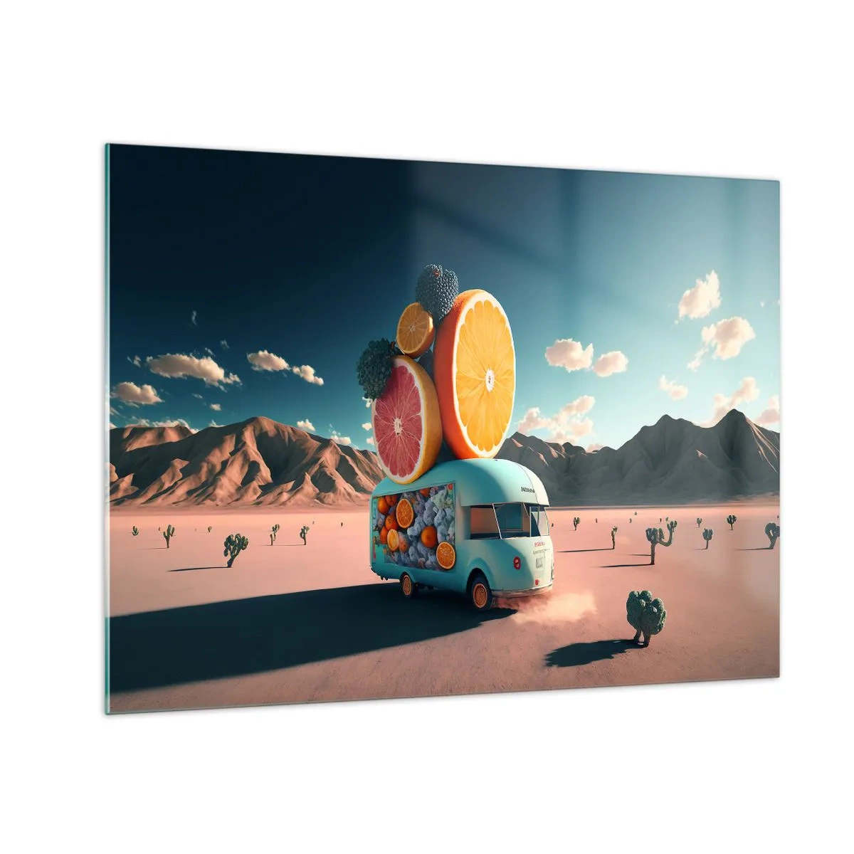 Glass picture - A turquoise camper with fruit against a desert landscape - 70x50cm - Taste of Holidays - Modern wall decoration for the living room and bedroom ARTTOR