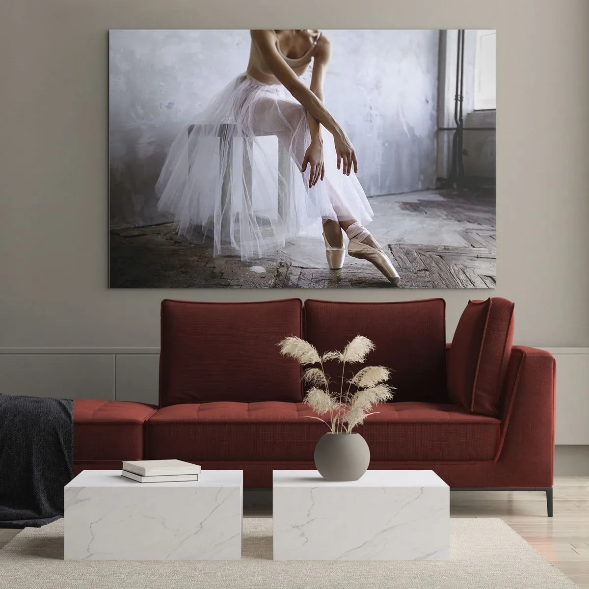 Glass picture - A ballerina in a tulle skirt rests in the hall - 70x50cm - Before the Ramp Lights Are On - Modern wall decoration for the living room and bedroom ARTTOR