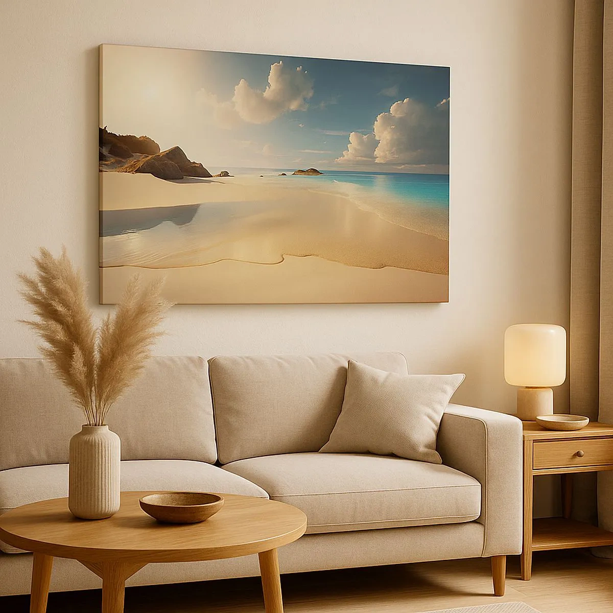 Canvas picture - A sunny beach with blue sea and rocks - 70x50cm - Dream Day - Modern wall decoration for the living room and bedroom ARTTOR