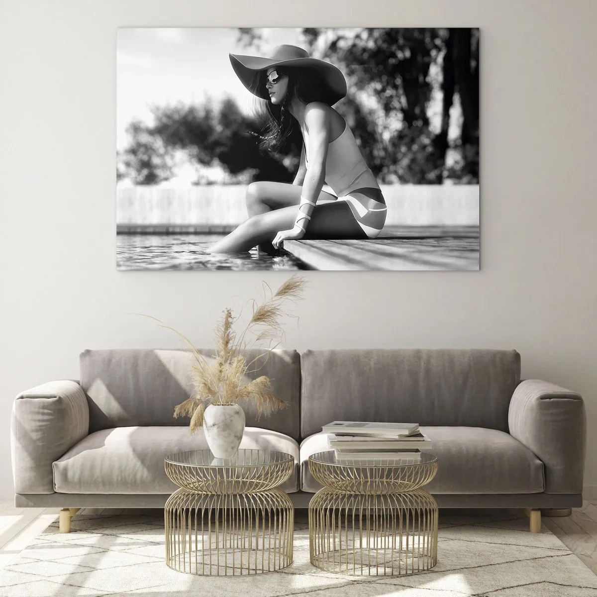 Glass picture - Woman wearing a hat sitting by the pool in black and white - 70x50cm - Summer Dream - Modern wall decoration for the living room and bedroom ARTTOR