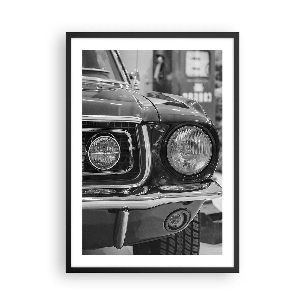 Poster in black frame - Black and white close-up of the front of a classic car - 50x70cm - Rough Ride - Modern wall decoration for the living room and bedroom ARTTOR
