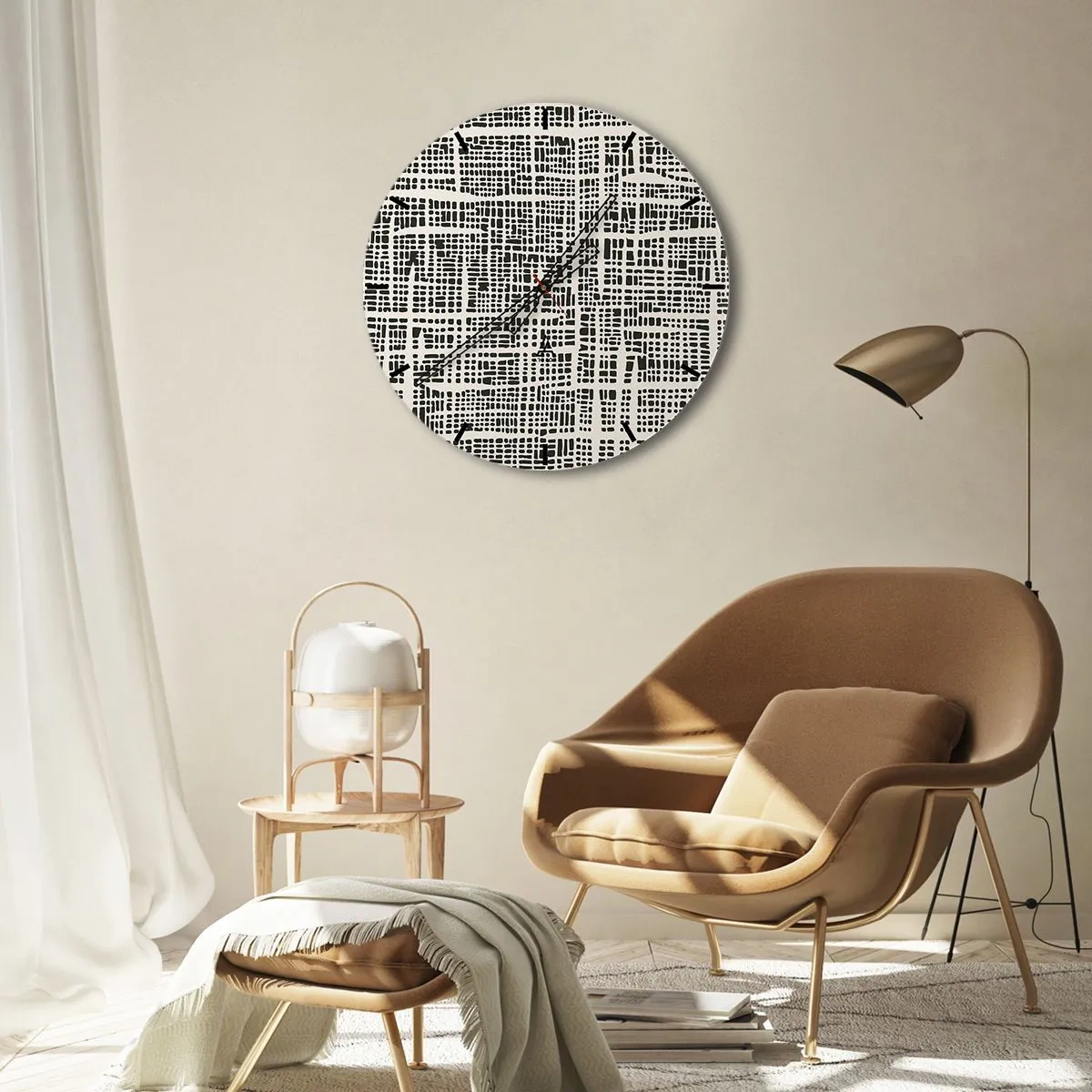 Wall clock - Clock on glass - Geometric, black and cream pattern with irregular dots - 30x30cm - Woven Composition - Modern wall decoration for the living room, kitchen, and bedroom ARTTOR