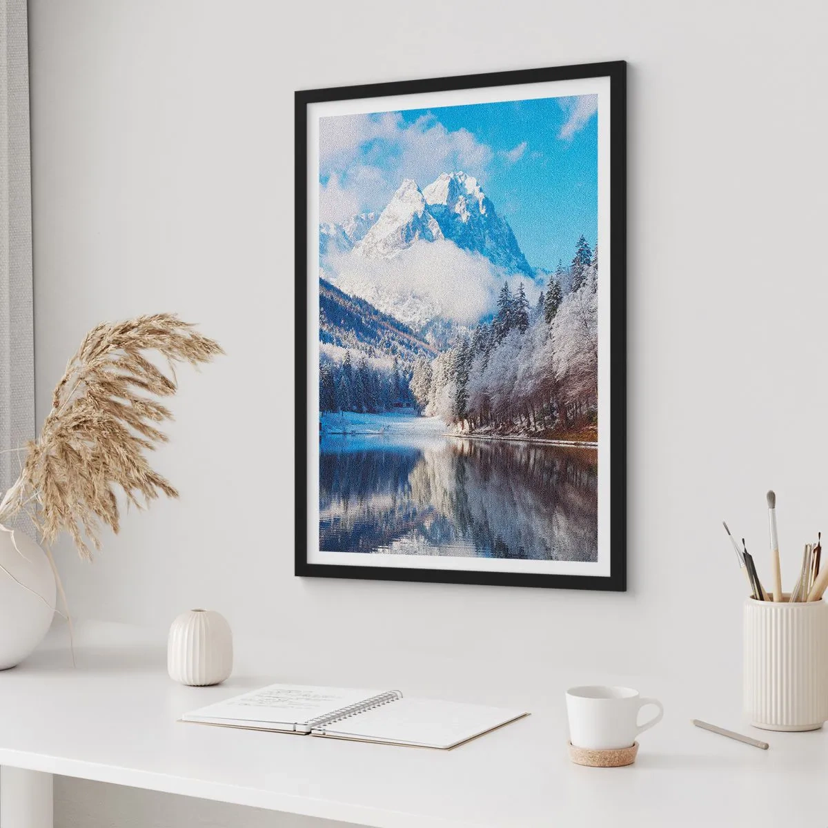 Poster in black frame - Snow-capped mountains reflected in a lake in winter - 50x70cm - Snow Patrol - Modern wall decoration for the living room and bedroom ARTTOR