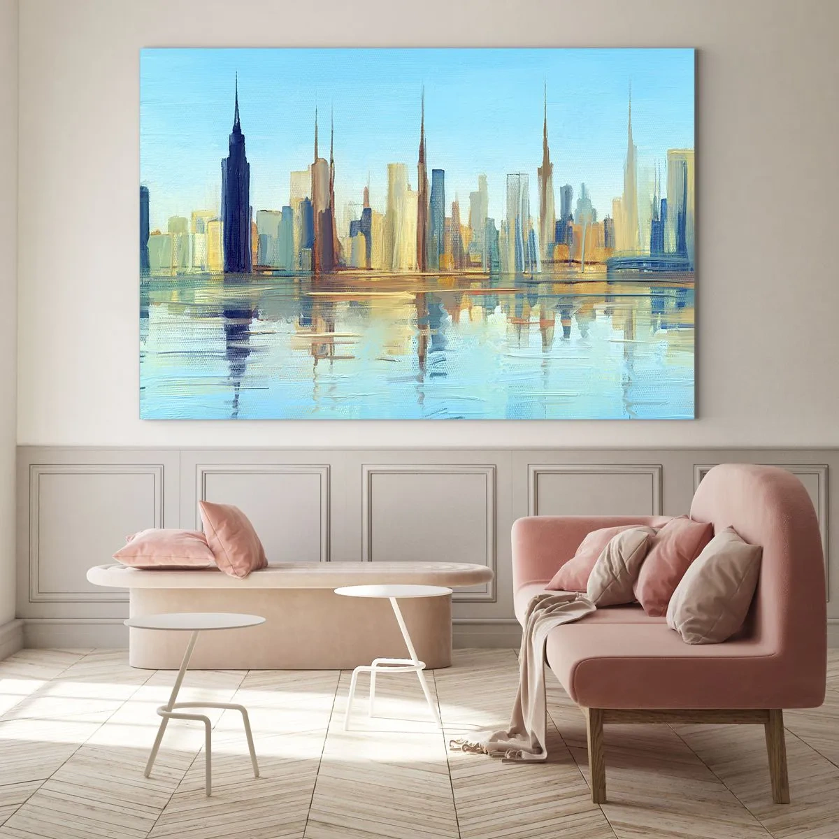 Glass picture - A panorama of the metropolis reflected in the water under a blue sky - 70x50cm - Sunny Metropolis - Modern wall decoration for the living room and bedroom ARTTOR