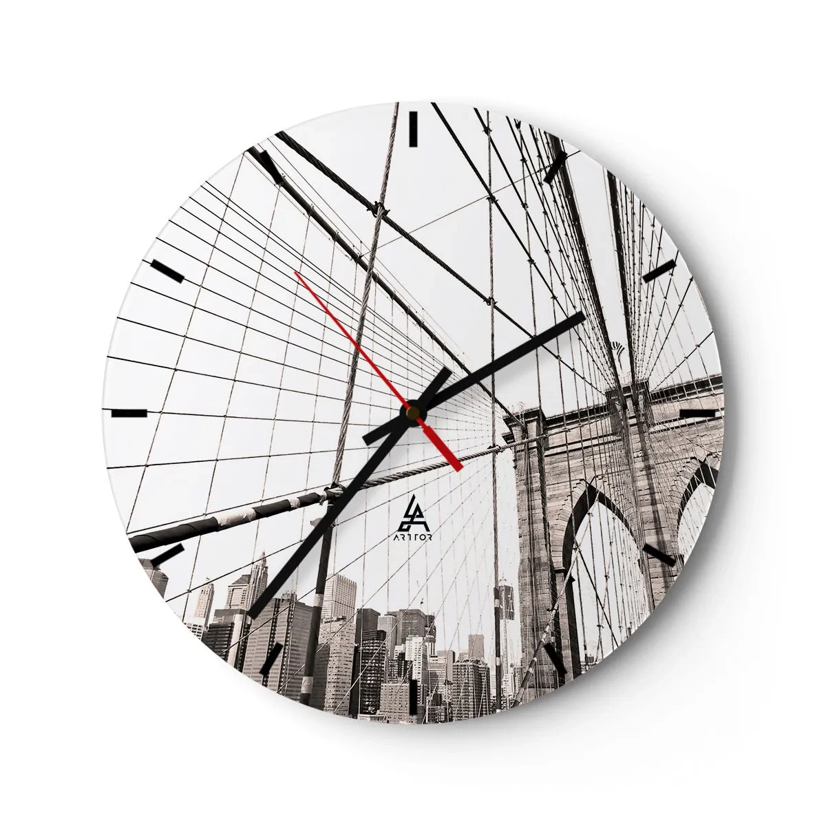 Wall clock - Clock on glass - A shot of a rope bridge with the city skyline in the background in shades of gray. - 30x30cm - New York Cathedral - Modern wall decoration for the living room, kitchen, and bedroom ARTTOR