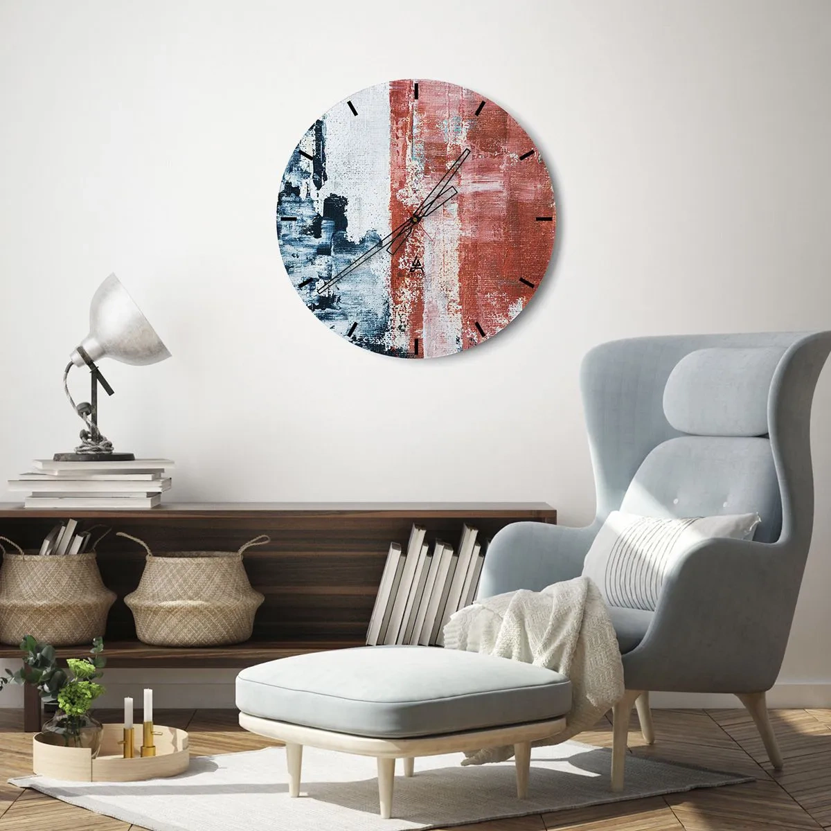 Wall clock - Clock on glass - Abstract composition in shades of blue and red - 30x30cm - Abstract Fifty Fifty - Modern wall decoration for the living room, kitchen, and bedroom ARTTOR