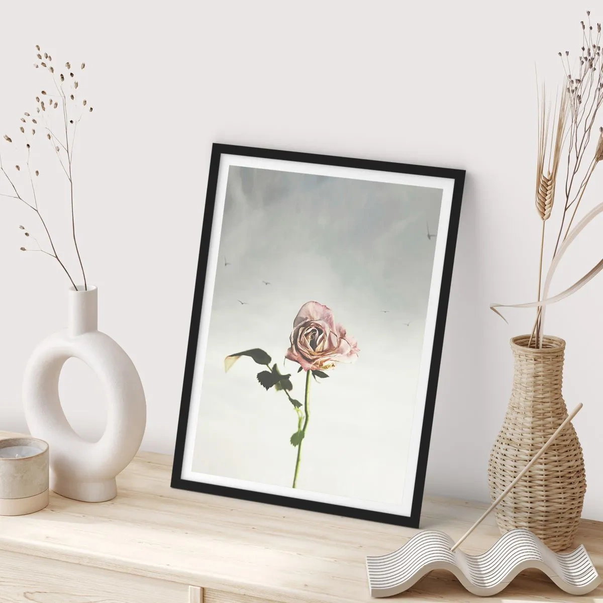 Poster in black frame - A subtle rose against a delicate sky - 50x70cm - Welcoming of Spring - Modern wall decoration for the living room and bedroom ARTTOR