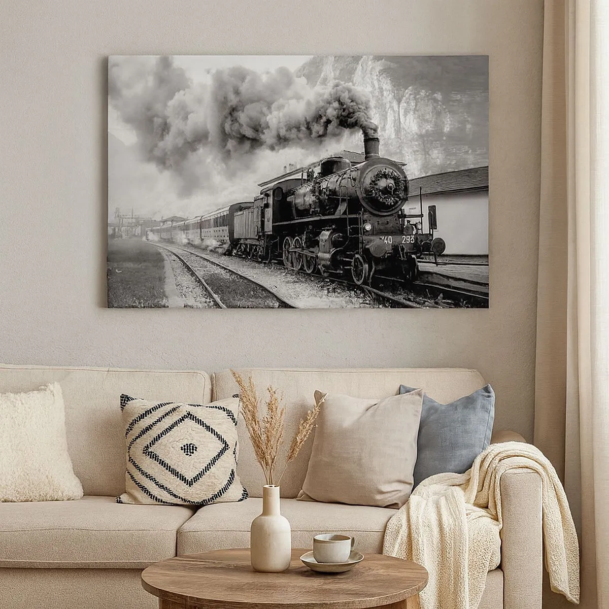 Canvas picture - A black and white steam locomotive against a mountain landscape - 70x50cm - Standing at the Station... - Modern wall decoration for the living room and bedroom ARTTOR