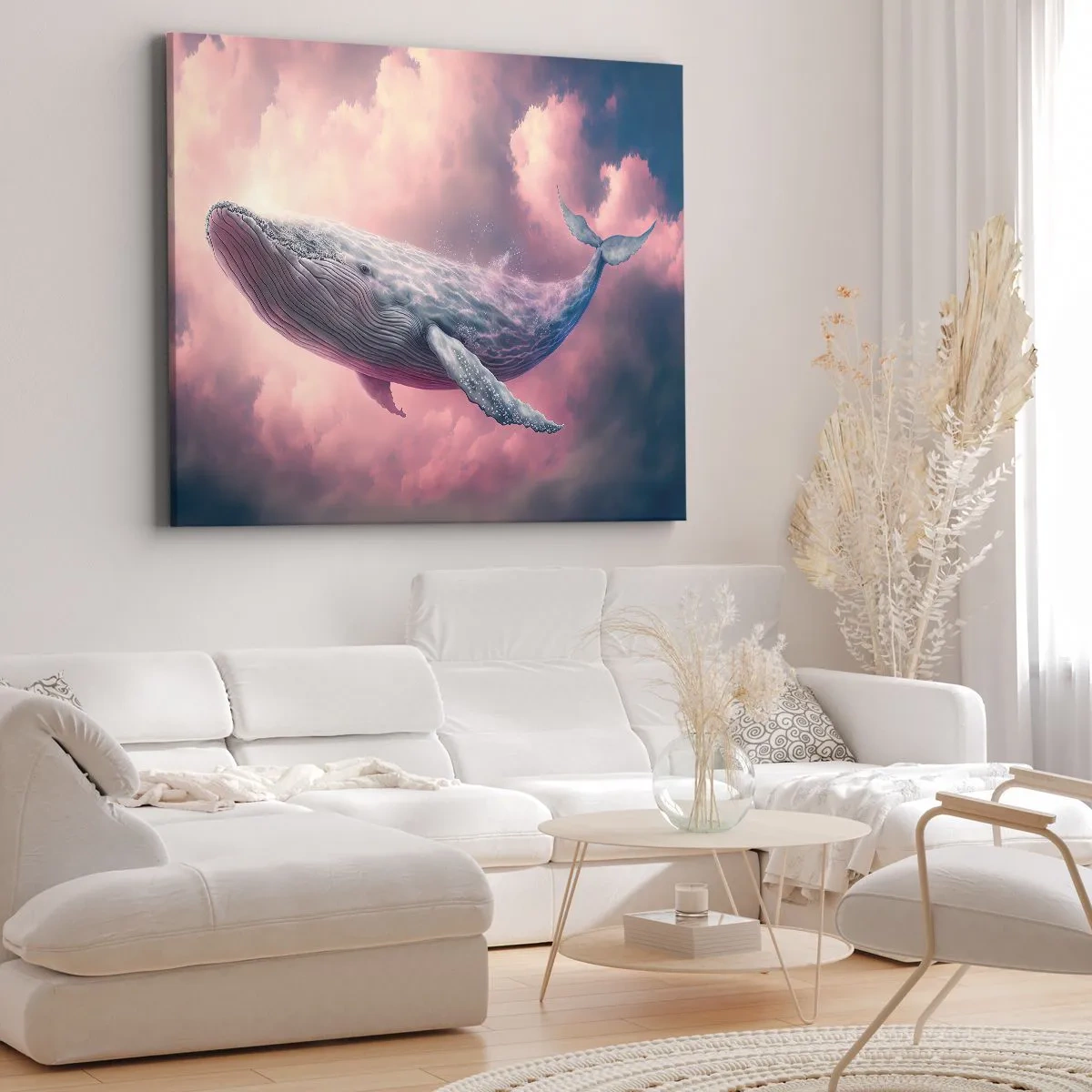 Canvas picture - A whale floating in the clouds at sunset - 70x50cm - Rub Your Eyes - Modern wall decoration for the living room and bedroom ARTTOR