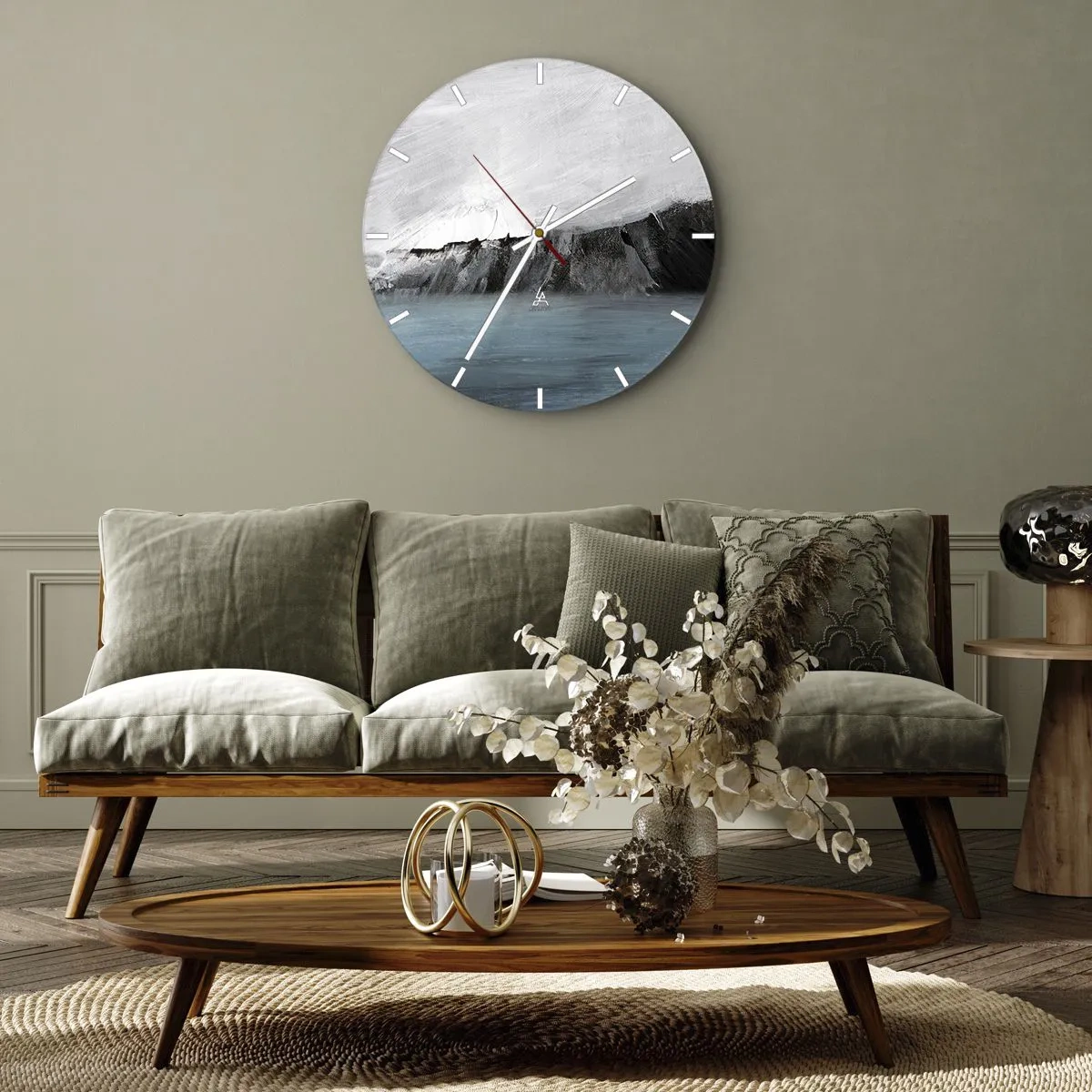 Wall clock - Clock on glass - An artistic clash of white, black and blue in the form of a landscape. - 30x30cm - Water-Earth: Clash of Elements - Modern wall decoration for the living room, kitchen, and bedroom ARTTOR
