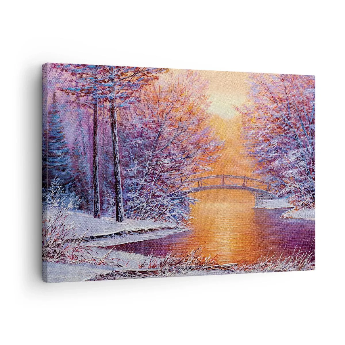 Canvas picture - Winter landscape with a bridge and sunset - 70x50cm - Let's Meet Here - Modern wall decoration for the living room and bedroom ARTTOR