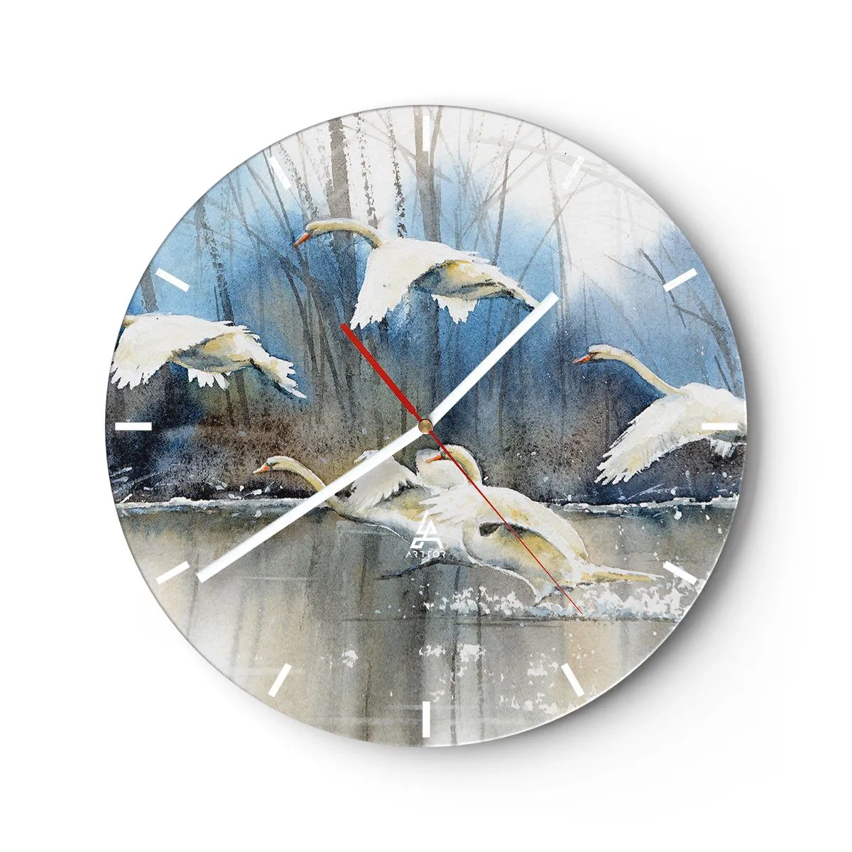Wall clock - Clock on glass - Swans flying up from the lake surface with the forest in the background - 30x30cm - Like in a Fairy Tale about Wild Swans - Modern wall decoration for the living room, kitchen, and bedroom ARTTOR