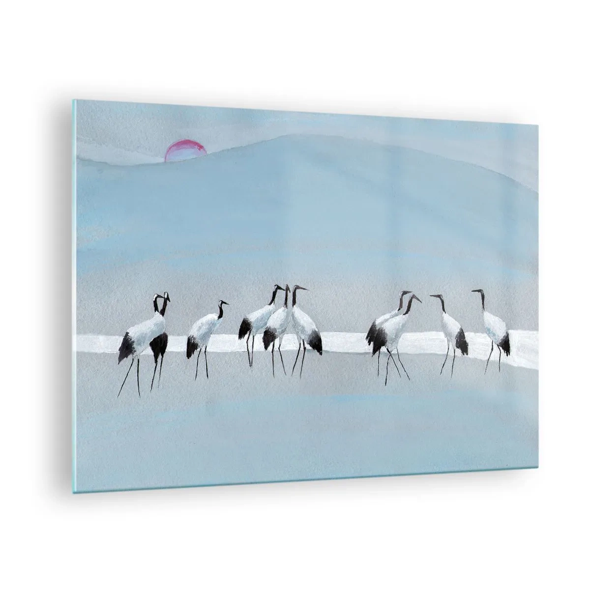 Glass picture - A group of cranes against the backdrop of blue mountains and a sunset - 70x50cm - After a Hot Day - Modern wall decoration for the living room and bedroom ARTTOR
