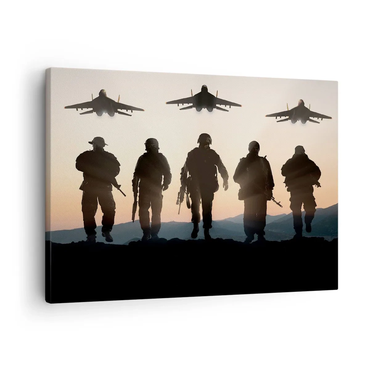Canvas picture - Silhouettes of soldiers and fighter jets against the sunset background - 70x50cm - Welcome to Our World - Modern wall decoration for the living room and bedroom ARTTOR