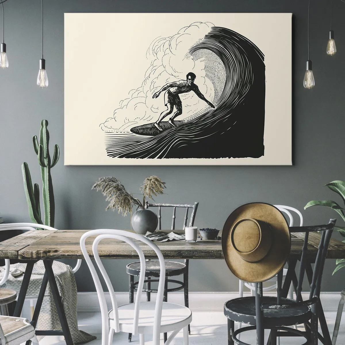 Canvas picture - Black and white graphic of a surfer riding a wave - 70x50cm - King of the Wave - Modern wall decoration for the living room and bedroom ARTTOR