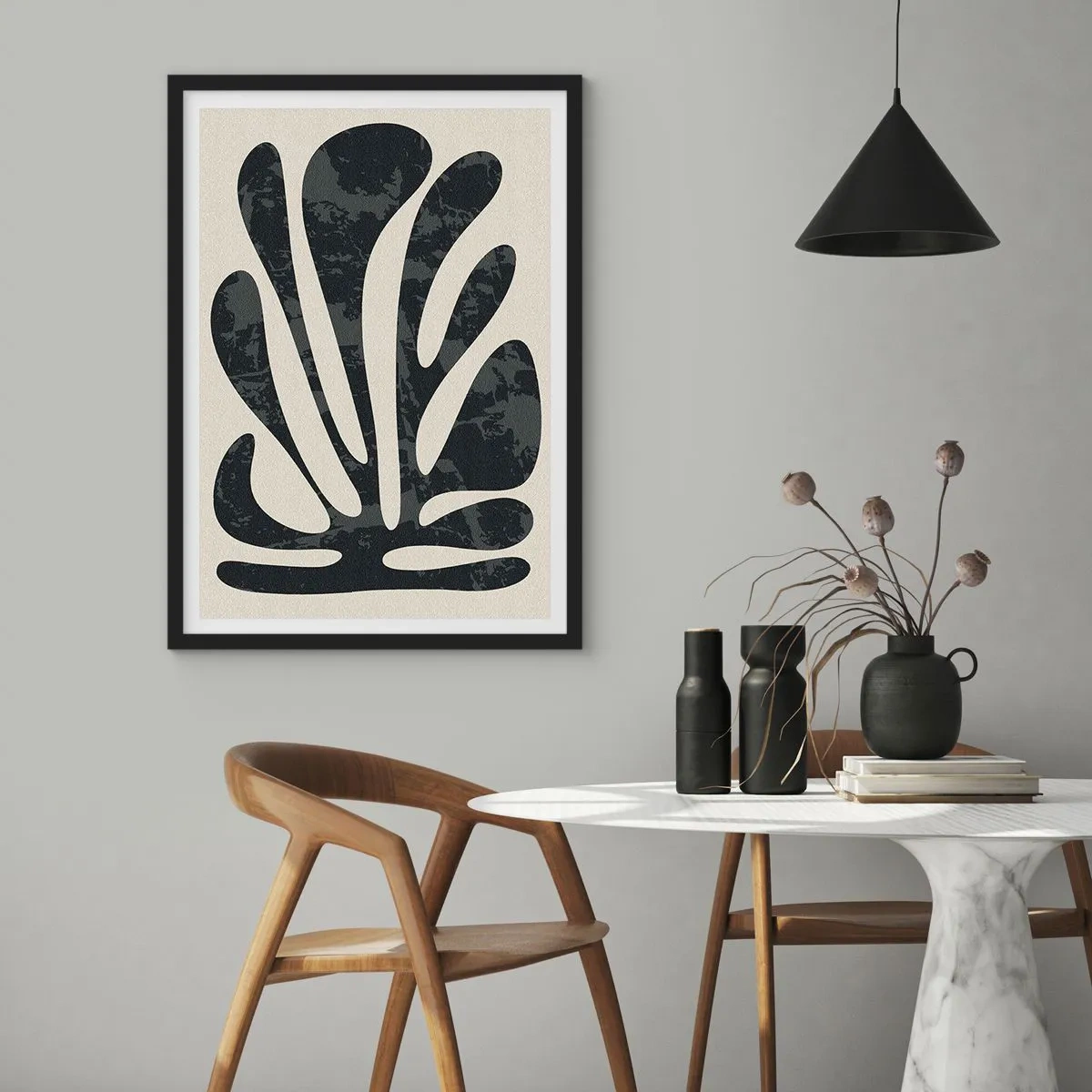 Poster in black frame - Abstract black plant form on a beige background - 50x70cm - Multi-Finger Abstract - Modern wall decoration for the living room and bedroom ARTTOR
