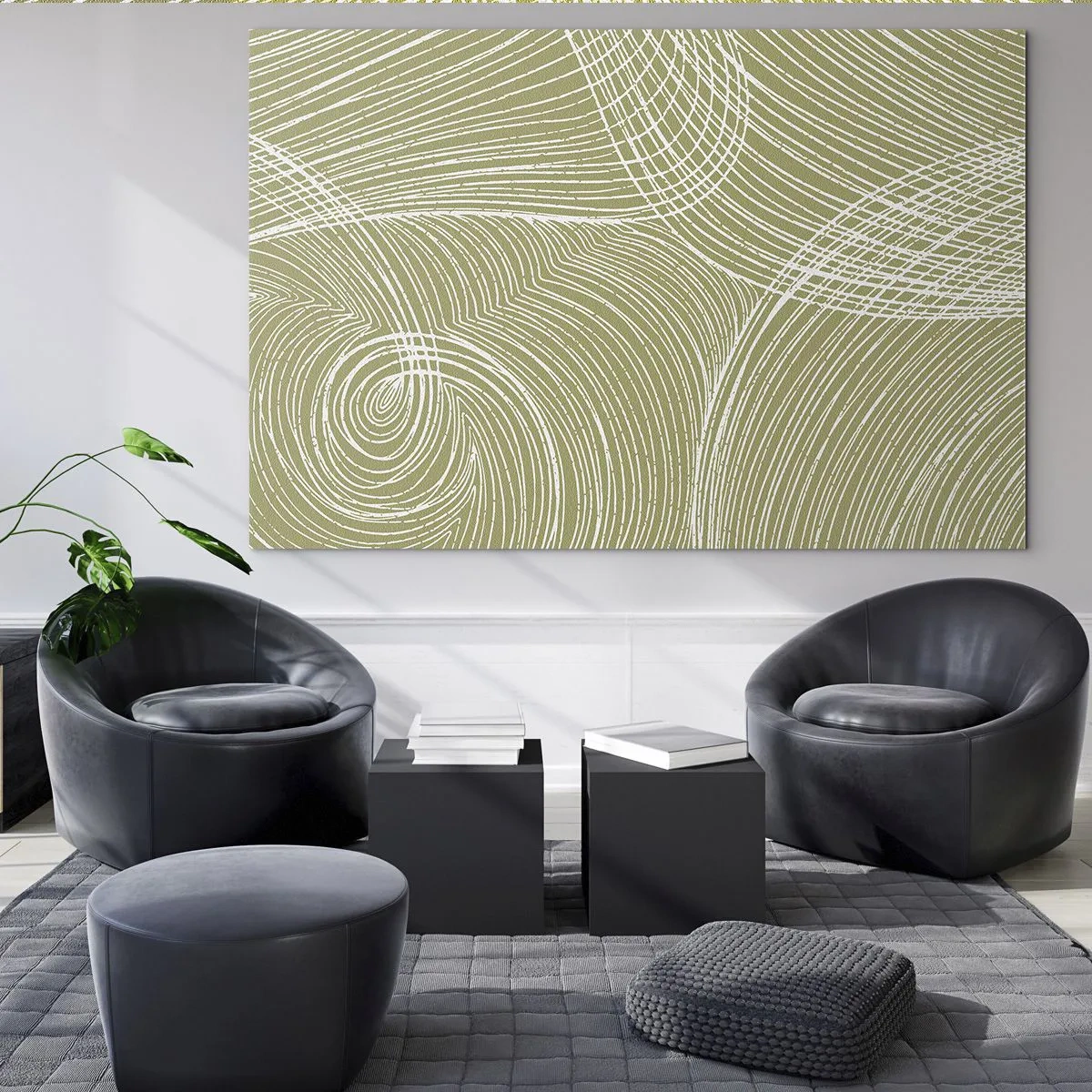 Glass picture - White lines form a complex structure against an olive green background. - 70x50cm - Intricate Abstract in White - Modern wall decoration for the living room and bedroom ARTTOR