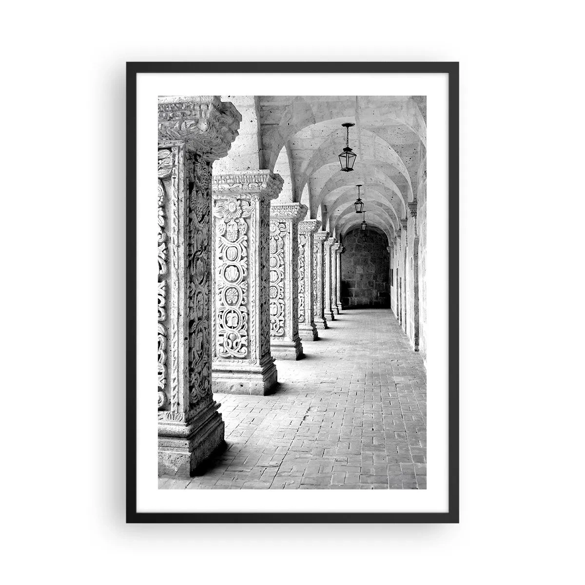 Poster in black frame - A black and white photograph of a historic cloister with columns - 50x70cm - Where is this Going...? - Modern wall decoration for the living room and bedroom ARTTOR