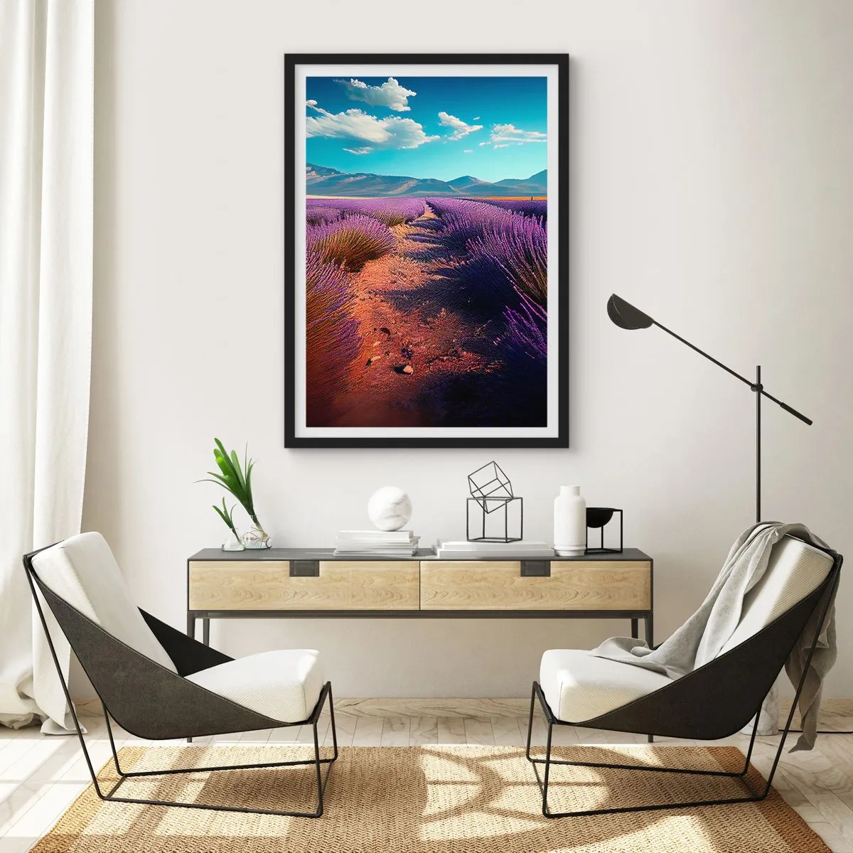 Poster in black frame - A lavender field at sunset with a mountain landscape in the background - 50x70cm - Fragrant Fields - Modern wall decoration for the living room and bedroom ARTTOR