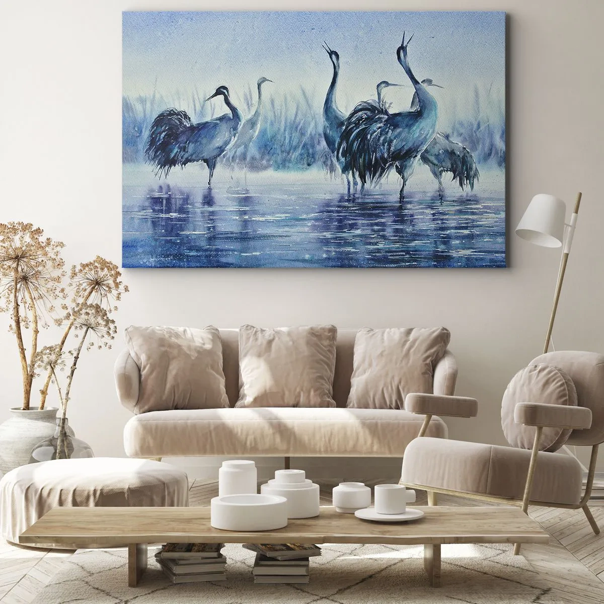 Canvas picture - Cranes against the background of fog and water in blue tones - 70x50cm - Morning Encounter - Modern wall decoration for the living room and bedroom ARTTOR