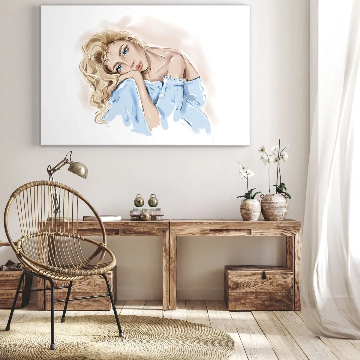 Canvas picture - Portrait of a woman in a blue dress with blonde hair - 70x50cm - Dreamy in Blue - Modern wall decoration for the living room and bedroom ARTTOR