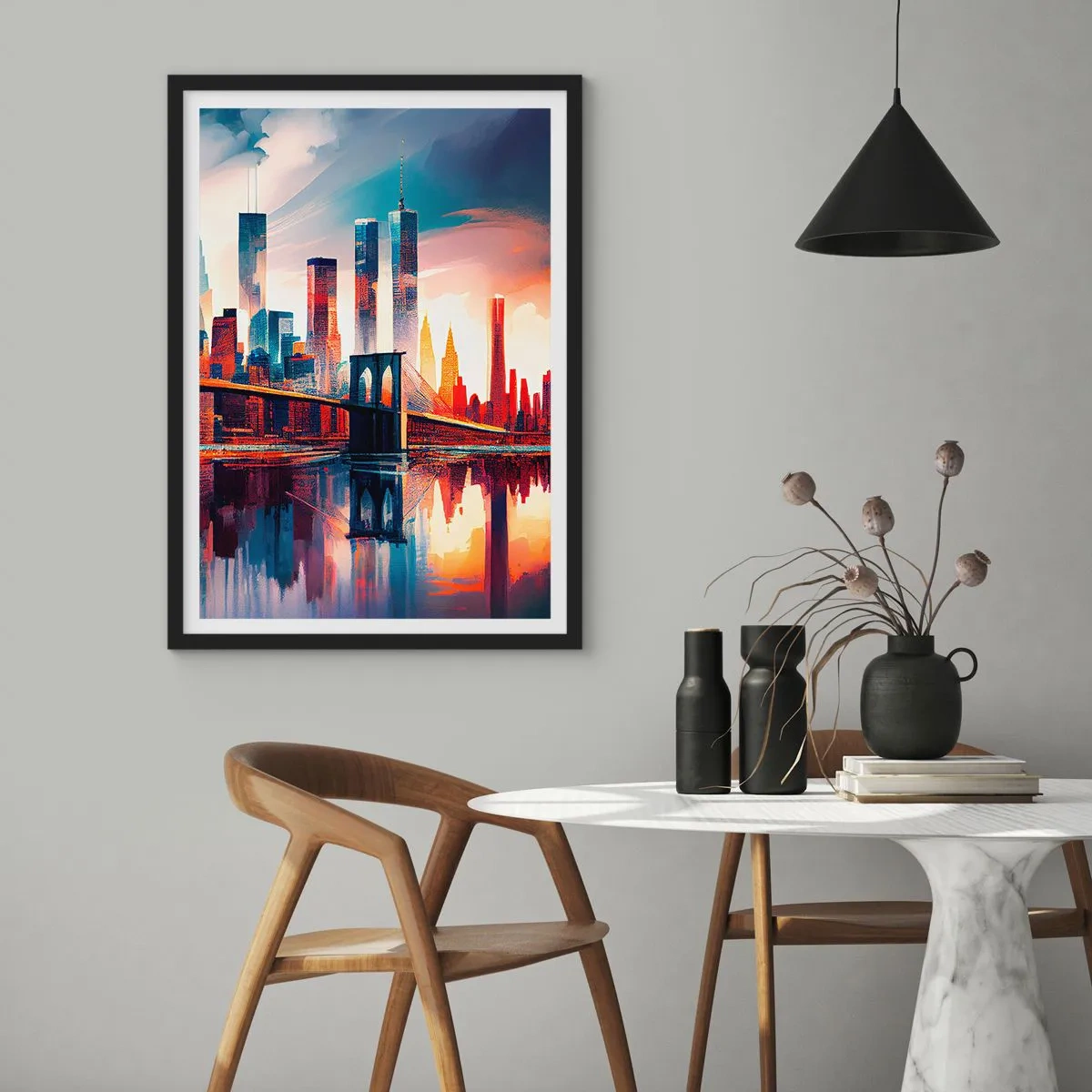 Poster in black frame - Panorama of the city with a bridge and reflection in the water - 50x70cm - Fabulous New York - Modern wall decoration for the living room and bedroom ARTTOR
