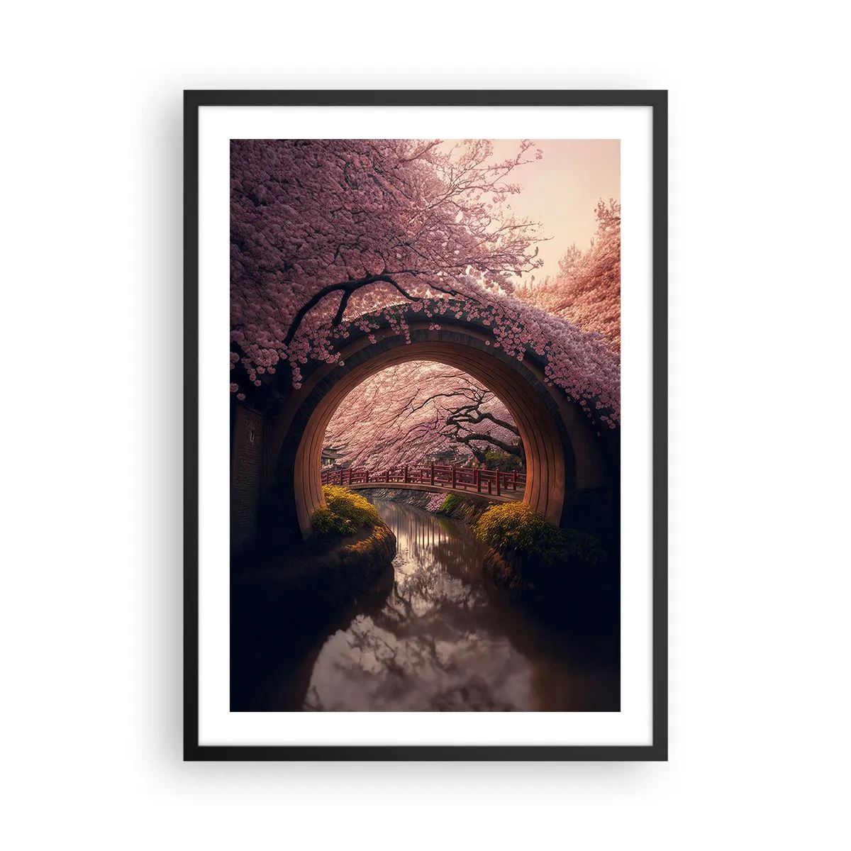 Poster in black frame - A romantic bridge among cherry blossoms - 50x70cm - Japanese Spring - Modern wall decoration for the living room and bedroom ARTTOR