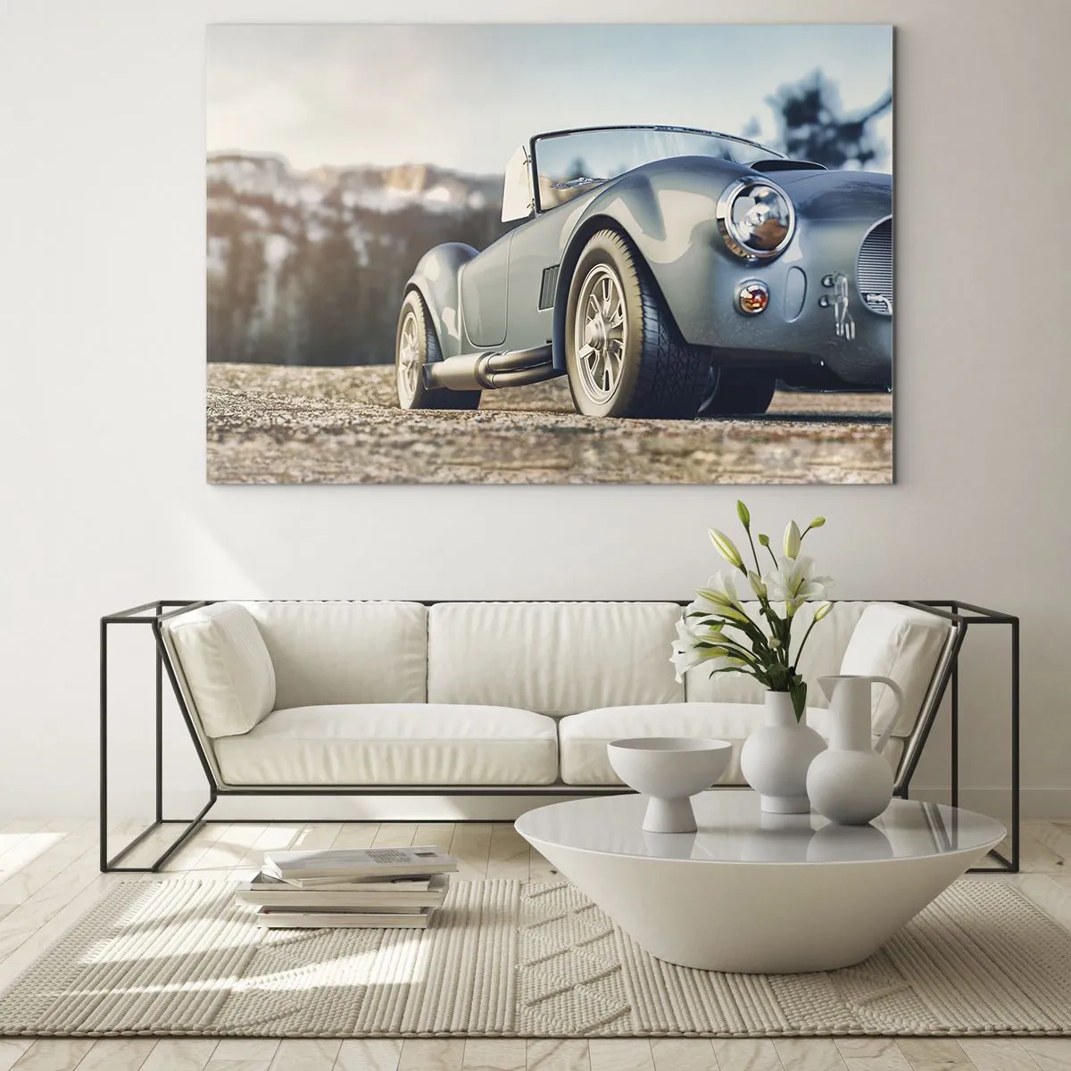 Glass picture - A sports car with mountains in the background - 70x50cm - Styel Is What Counts - Modern wall decoration for the living room and bedroom ARTTOR