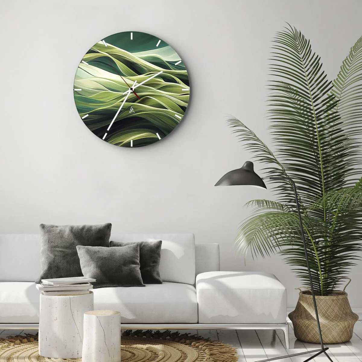 Wall clock - Clock on glass - Green waves in an abstract, dynamic composition - 30x30cm - Abstract Playing Green - Modern wall decoration for the living room, kitchen, and bedroom ARTTOR