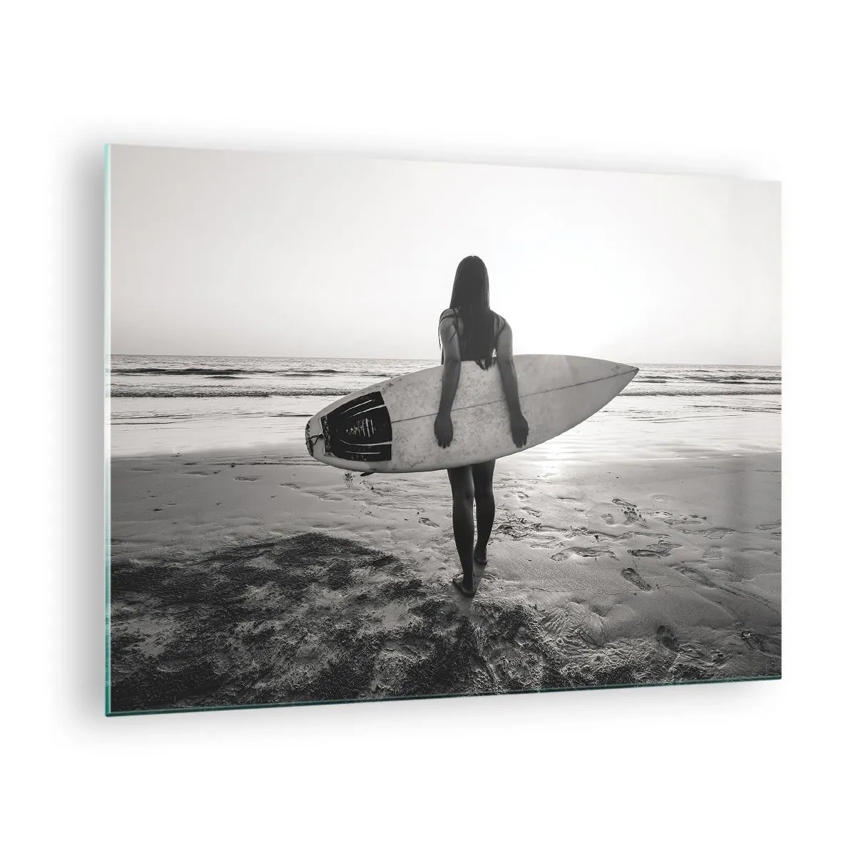 Glass picture - Woman with a surfboard on the beach at sunrise - 70x50cm - Daughter of Sea Wave - Modern wall decoration for the living room and bedroom ARTTOR
