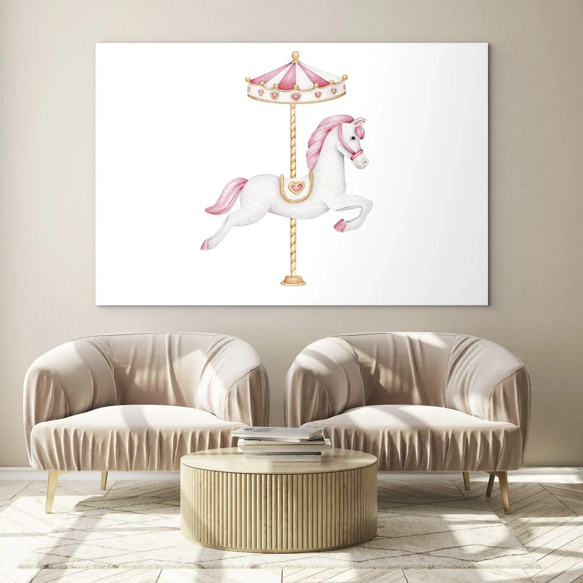 Glass picture - Pink and white carousel horse on a white background - 70x50cm - Off the Hoofs - Modern wall decoration for the living room and bedroom ARTTOR
