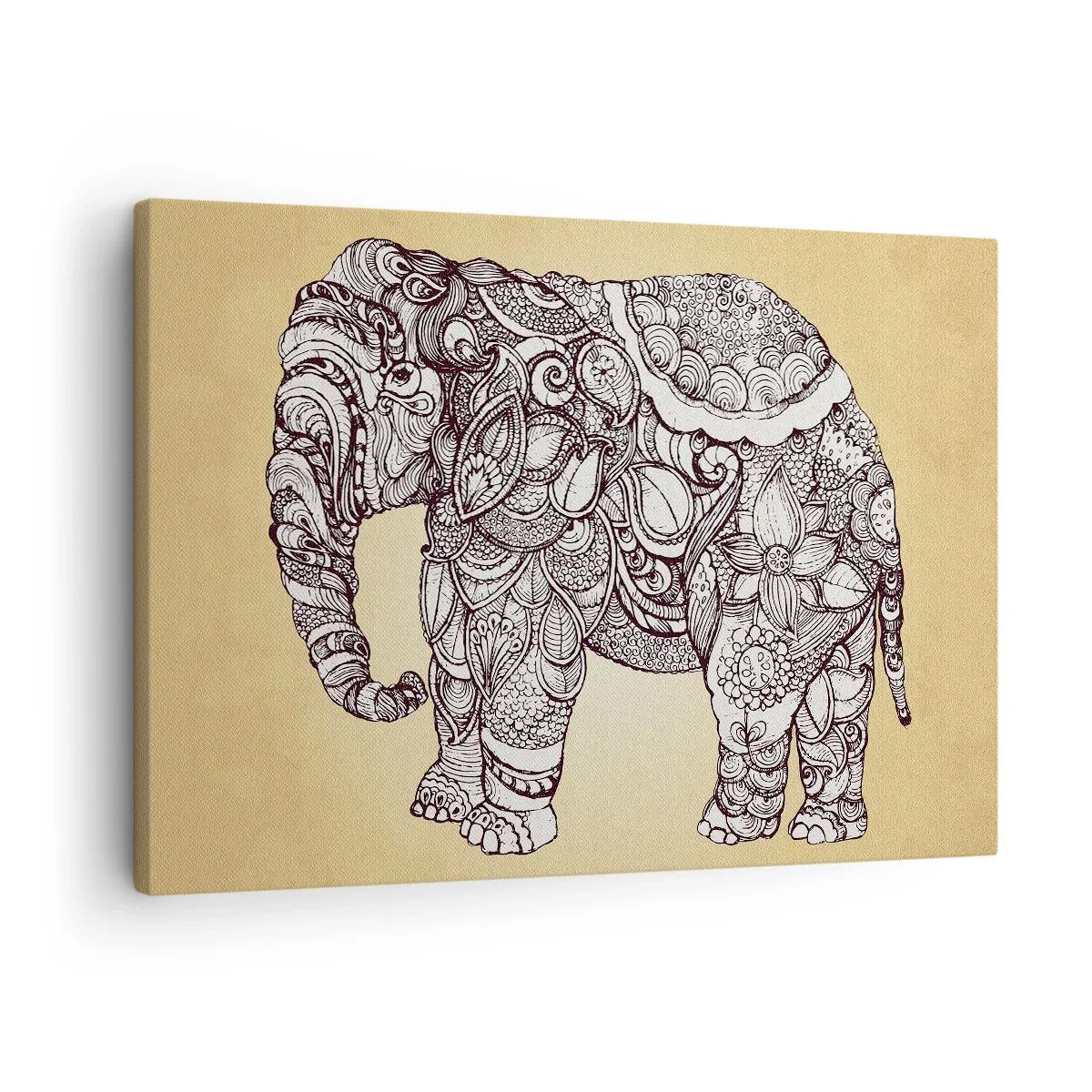 Canvas picture - Hand-drawn elephant with an ornate pattern on a beige background - 70x50cm - Hidden Elephant - Modern wall decoration for the living room and bedroom ARTTOR
