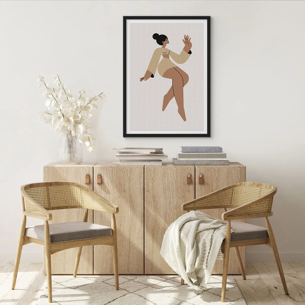 Poster in black frame - A minimalist illustration of a female figure in motion. - 50x70cm - Shape of Grace - Modern wall decoration for the living room and bedroom ARTTOR
