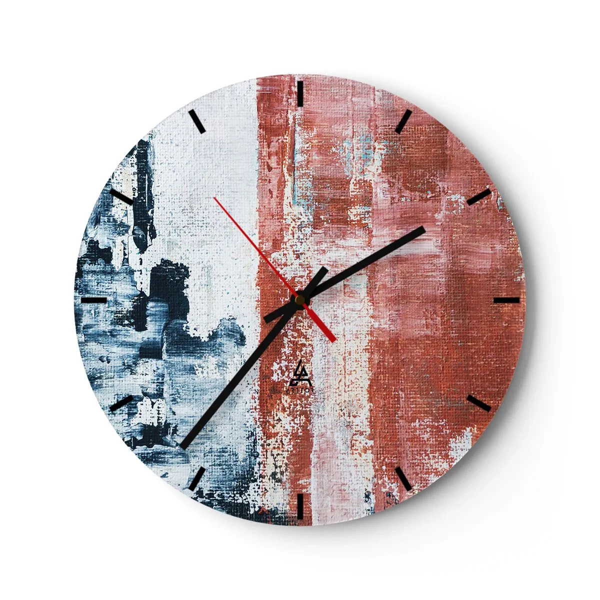Wall clock - Clock on glass - Abstract composition in shades of blue and red - 30x30cm - Abstract Fifty Fifty - Modern wall decoration for the living room, kitchen, and bedroom ARTTOR