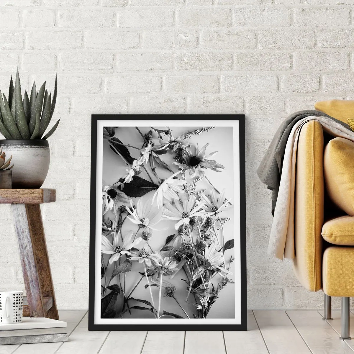 Poster in black frame - Black and white flowers arranged in an artistic arrangement - 50x70cm - No-Bouquet of Flowers - Modern wall decoration for the living room and bedroom ARTTOR