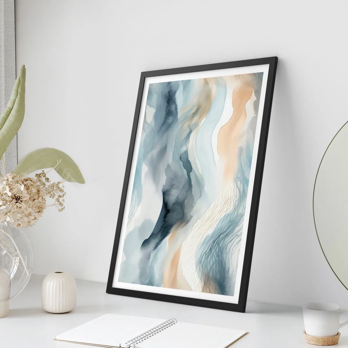 Poster in black frame - Abstract waves in shades of beige and navy blue - 50x70cm - Snowy and Foggy Abstract - Modern wall decoration for the living room and bedroom ARTTOR