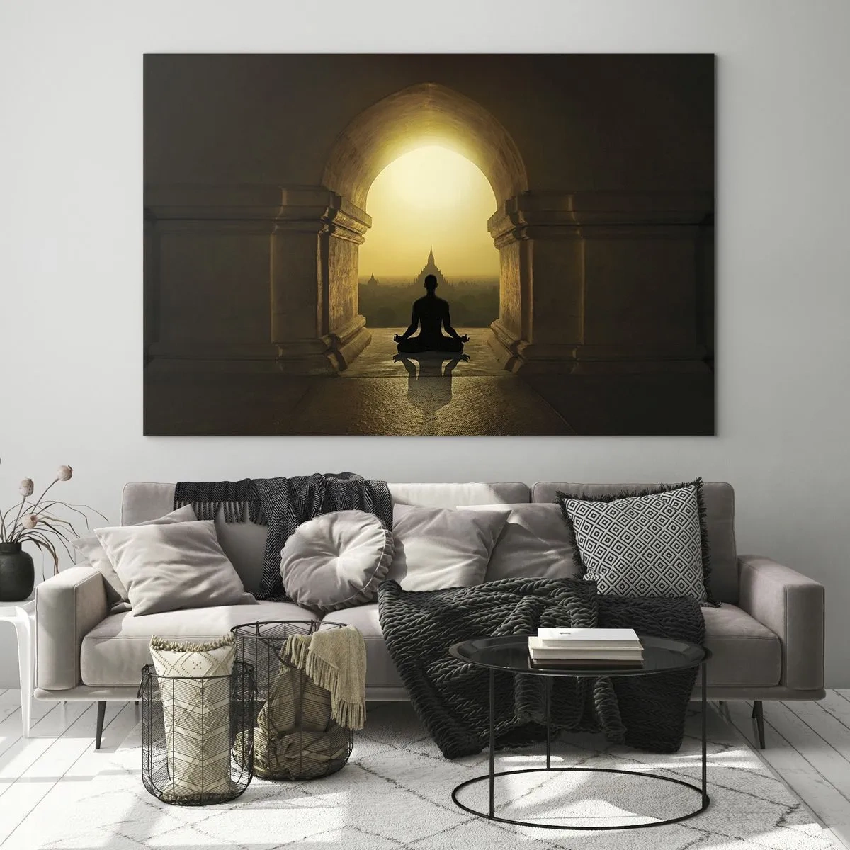 Glass picture - Silhouette of a meditating person in the light of the setting sun in an architectural arch - 70x50cm - Full Harmony - Modern wall decoration for the living room and bedroom ARTTOR