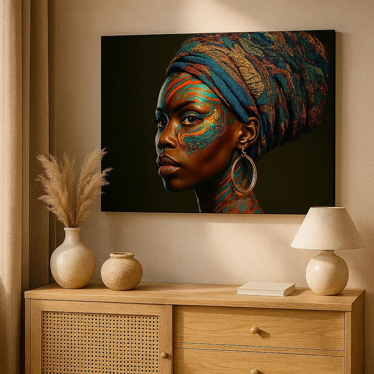 Canvas picture - Portrait of a woman with a colorful pattern and a turban - 70x50cm - African Queen - Modern wall decoration for the living room and bedroom ARTTOR