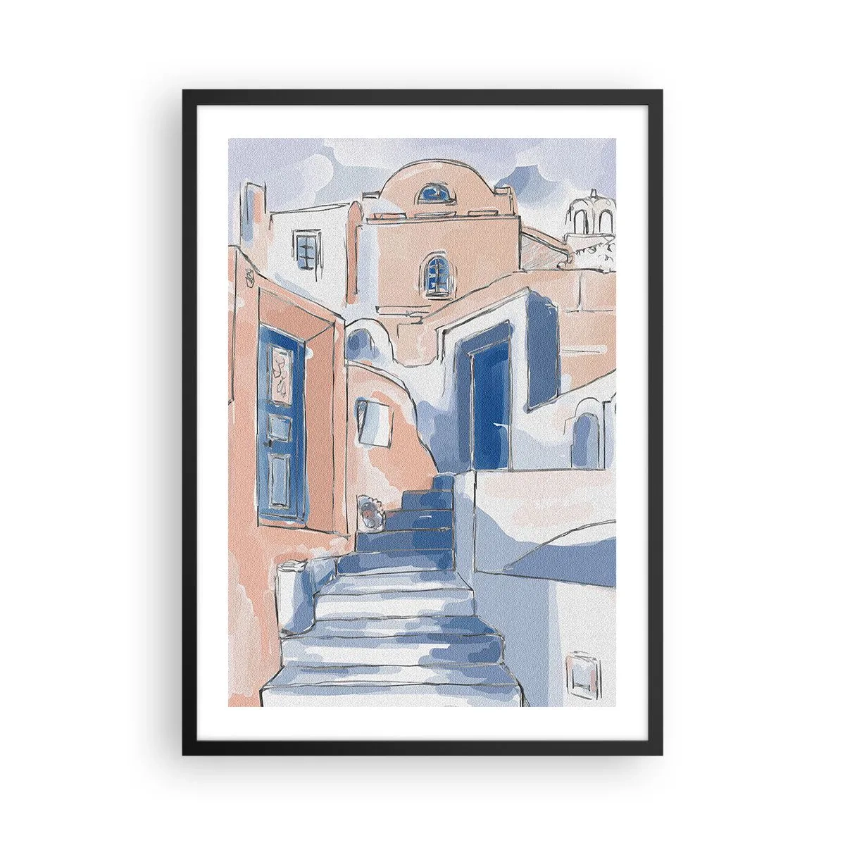 Poster in black frame - A picturesque Mediterranean-style street in shades of blue - 50x70cm - Exotic City - Modern wall decoration for the living room and bedroom ARTTOR