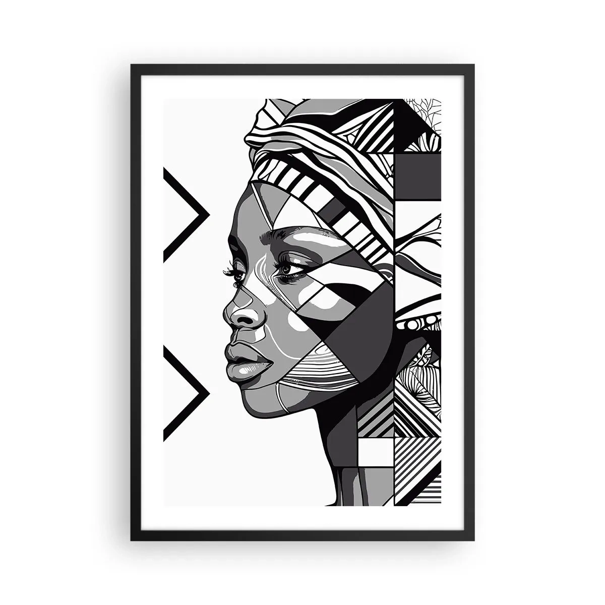 Poster in black frame - Geometric portrait of a woman in black and white - 50x70cm - Ethnic Portrait - Modern wall decoration for the living room and bedroom ARTTOR