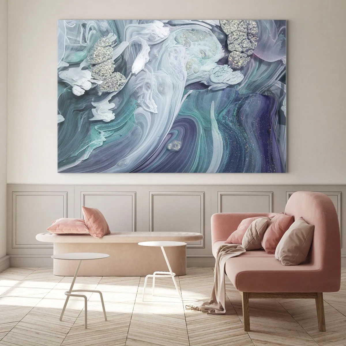 Glass picture - An abstract composition in shades of blue, purple and white. - 70x50cm - Currents of Blue - Modern wall decoration for the living room and bedroom ARTTOR