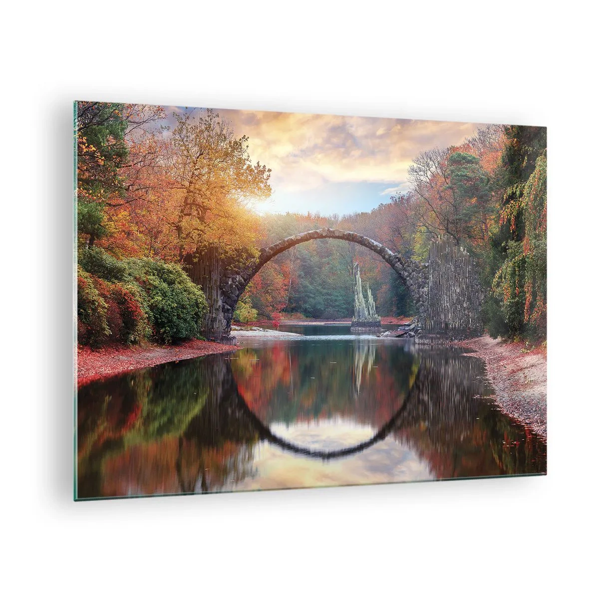 Glass picture - A stone bridge reflected in a lake amidst an autumn forest - 70x50cm - On the Other Side of a Mirror - Modern wall decoration for the living room and bedroom ARTTOR