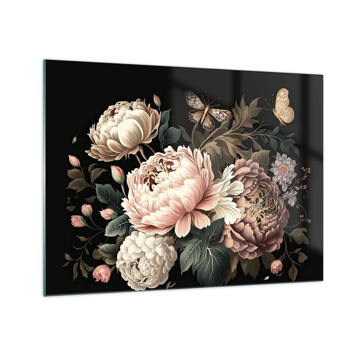 Glass picture - Floral composition with butterflies on a black background - 70x50cm - Baroque Style - Modern wall decoration for the living room and bedroom ARTTOR